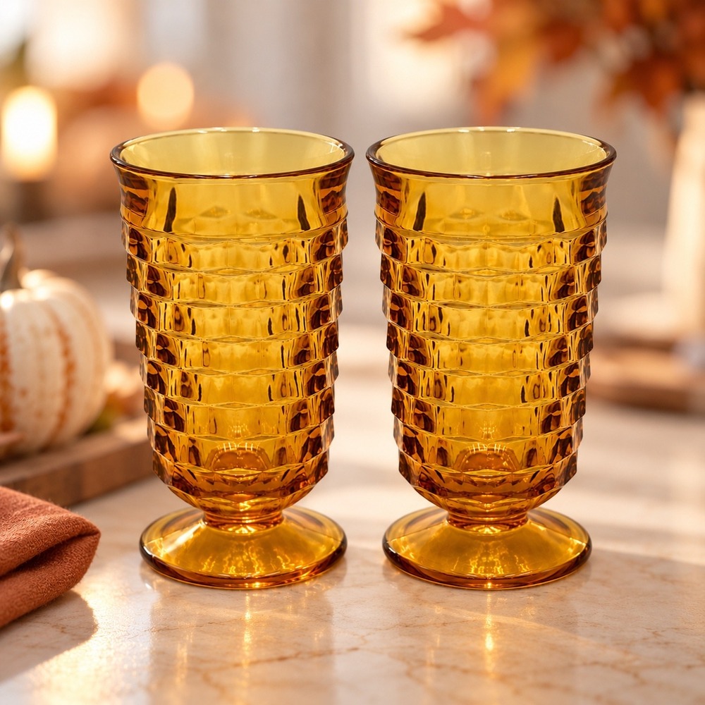 Vintage Indiana Glass Whitehall Amber Cubist Footed Iced Tea Tumblers Set of 2